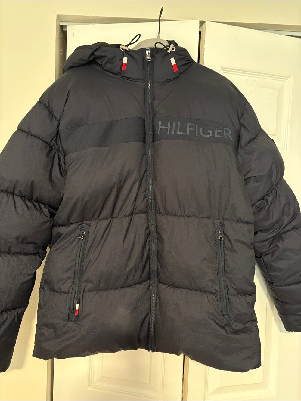 Tommy Hilfiger Black Quilted Puffer Jacket with Hood. Like New Size Large.